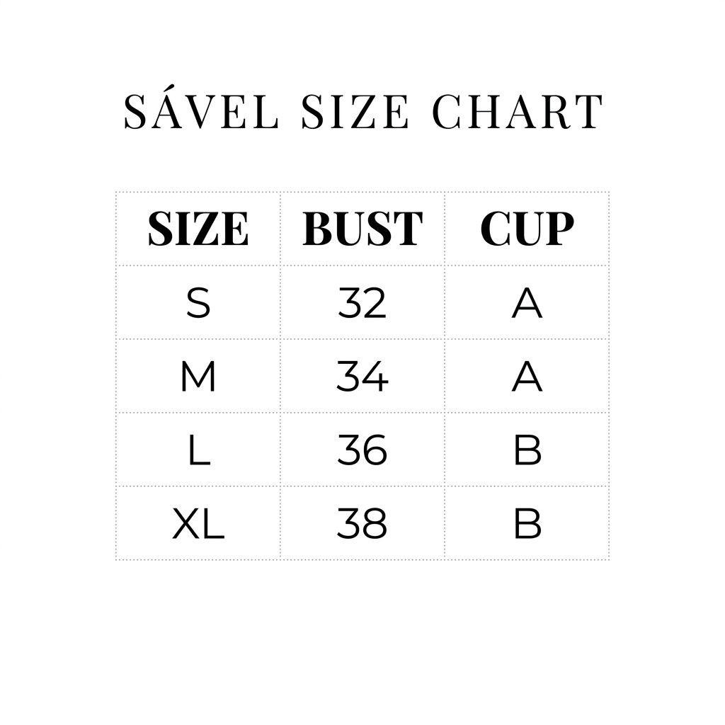 Sável Seamless Sculpt Bra size chart — S/M/L/XL, bust 32–38, cup A–B