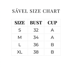 Sável Seamless Sculpt Bra size chart — S/M/L/XL, bust 32–38, cup A–B