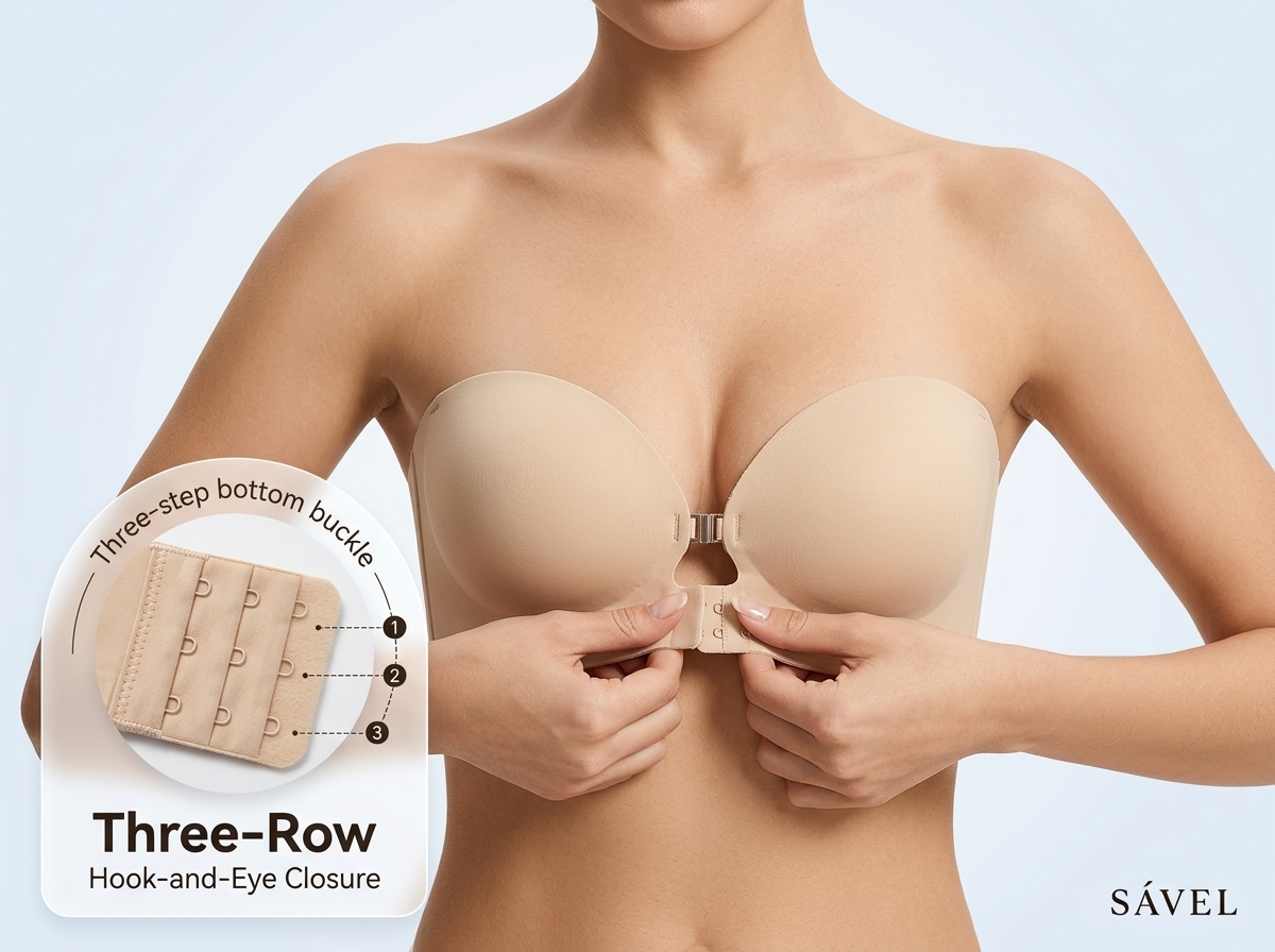 Sável — Front-closure demo (nude), real product